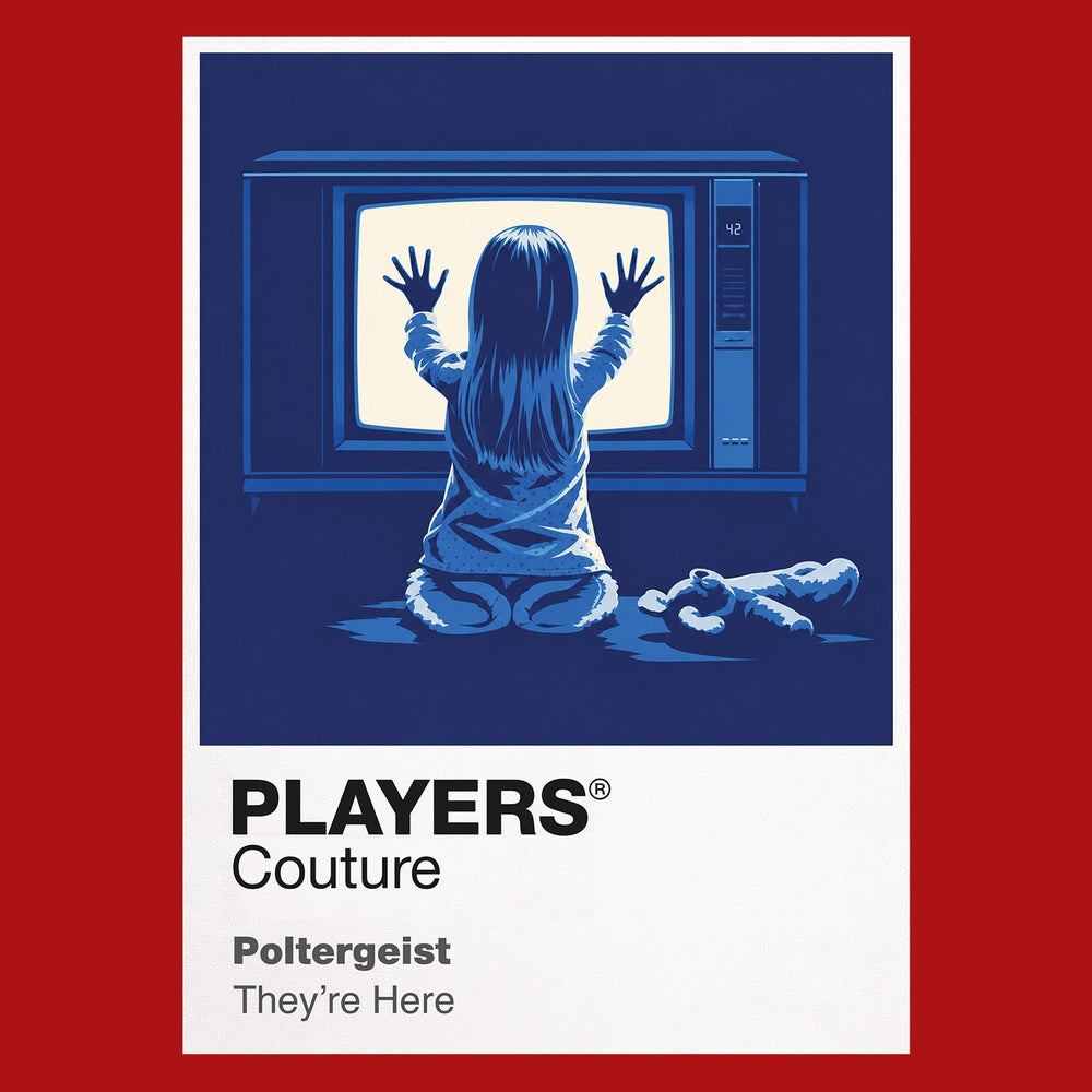 Poltergeist Carol Anne before the glowing television as supernatural light enters the suburban home Icon Frame artwork in red