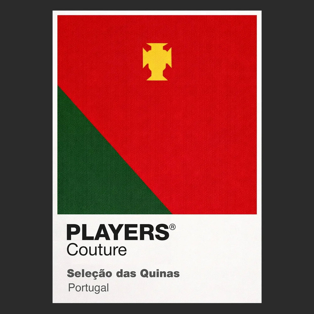 Portugal Classic Football Shirt Colours Frame Men's T-Shirt – close-up detail shot of the Portugal Players Couture logo