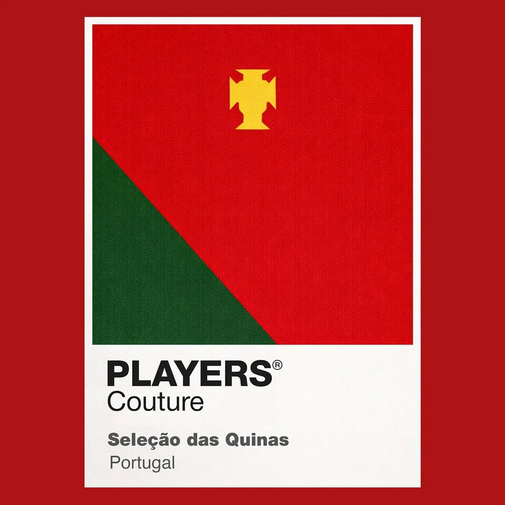 Portugal Classic Football Shirt Colours Frame Men's T-Shirt – close-up detail shot of the Portugal Players Couture logo