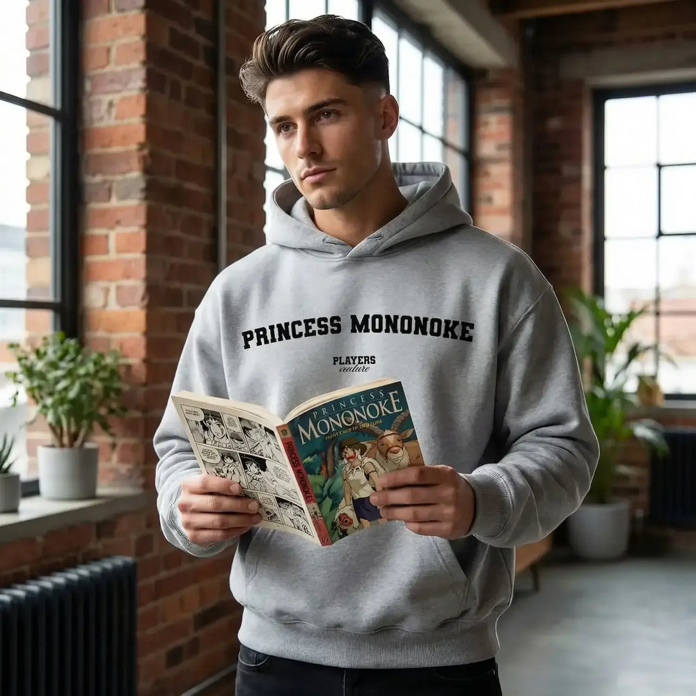 Princess Mononoke hoodie – navy men's hoodie with white Princess Mononoke letters and Players Couture logo on the chest