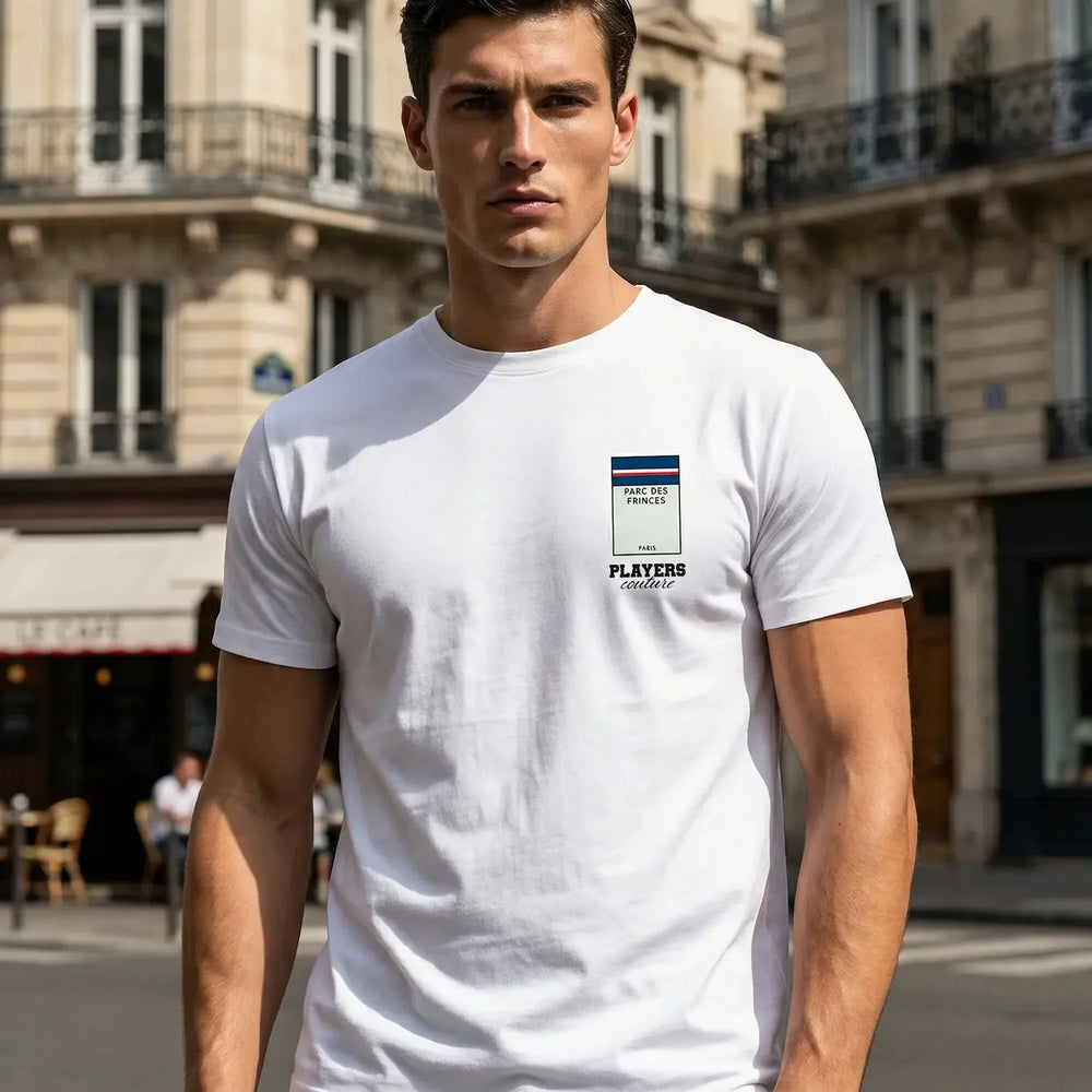 Paris Saint-Germain t-shirt – white men's t-shirt with black Paris Saint-Germain letters and Players Couture logo on the