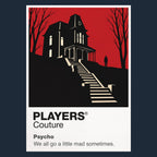 Psycho Norman Bates beneath the Bates Motel sign and the dark outline of the house on the hill Icon Frame artwork in navy