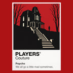 Psycho Norman Bates beneath the Bates Motel sign and the dark outline of the house on the hill Icon Frame artwork in red