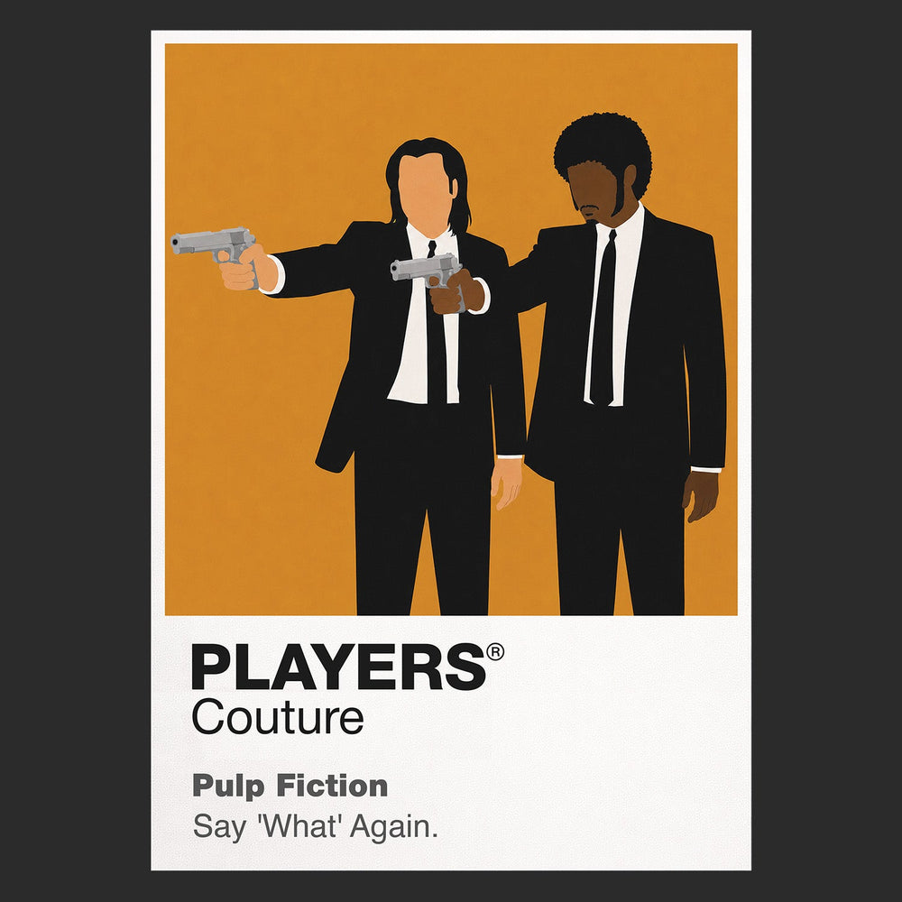 Pulp Fiction – Say What Again Jules Winnfield and Vincent Vega in black suits during the apartment confrontation Icon Frame artwork in black