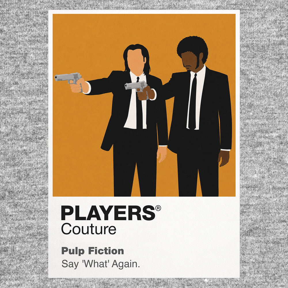 Pulp Fiction – Say What Again Jules Winnfield and Vincent Vega in black suits during the apartment confrontation Icon Frame artwork in grey