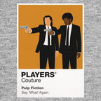 Pulp Fiction – Say What Again Jules Winnfield and Vincent Vega in black suits during the apartment confrontation Icon Frame artwork in grey