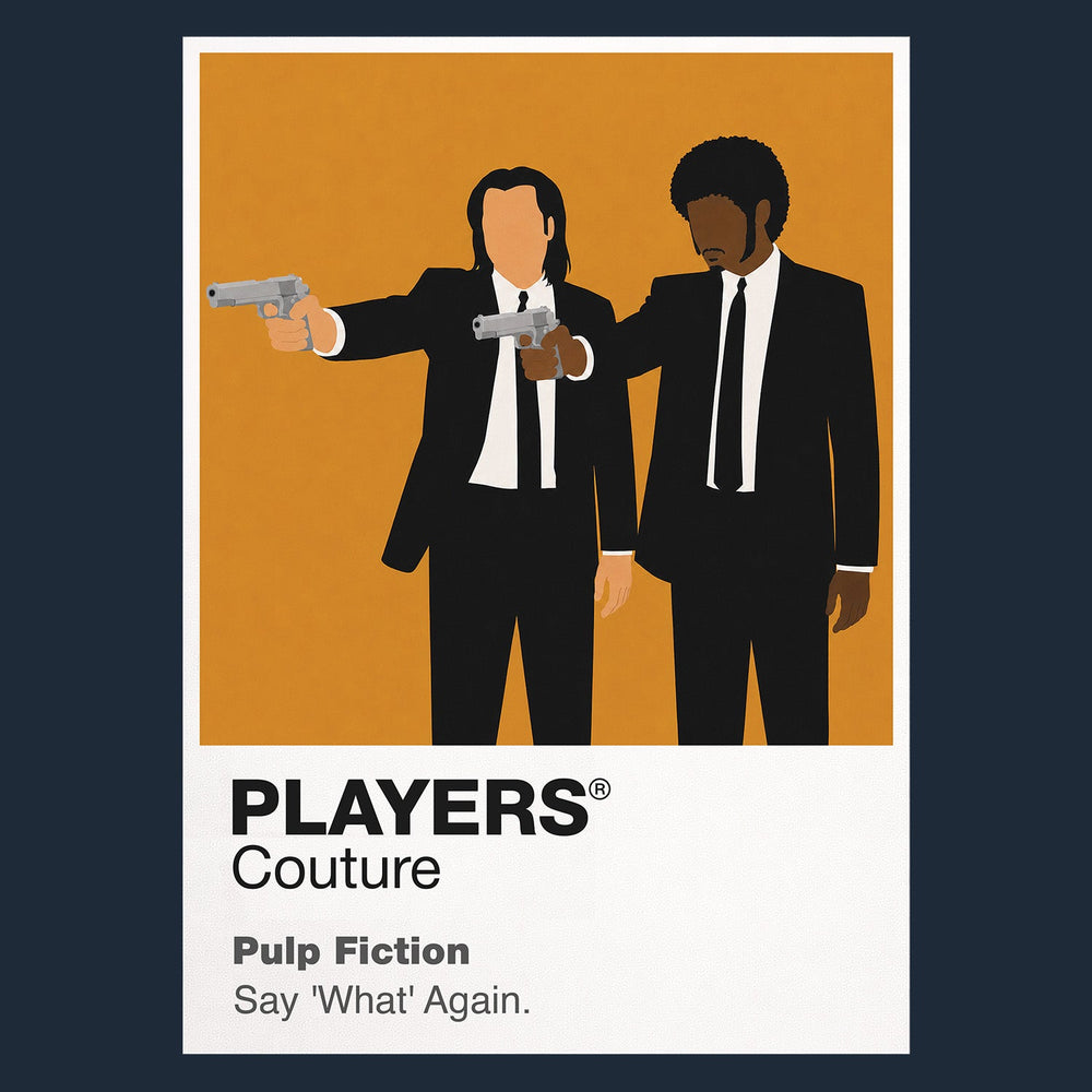 Pulp Fiction – Say What Again Jules Winnfield and Vincent Vega in black suits during the apartment confrontation Icon Frame artwork in navy