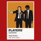 Pulp Fiction – Say What Again Jules Winnfield and Vincent Vega in black suits during the apartment confrontation Icon Frame artwork in red
