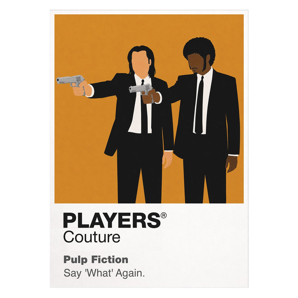Pulp Fiction – Say What Again Jules Winnfield and Vincent Vega in black suits during the apartment confrontation Icon Frame artwork on white
