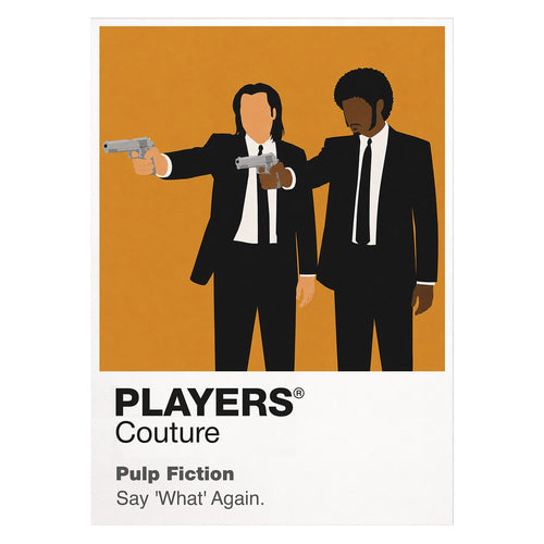 Pulp Fiction – Say What Again Jules Winnfield and Vincent Vega in black suits during the apartment confrontation Icon Frame artwork on white