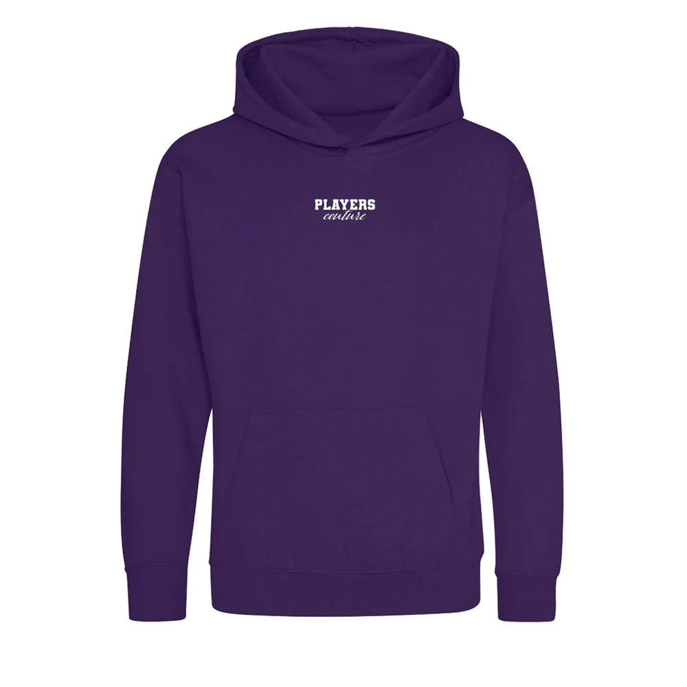 Essentials Collection hoodie – purple kids' hoodie with white Essentials Collection letters and Players Couture logo on the