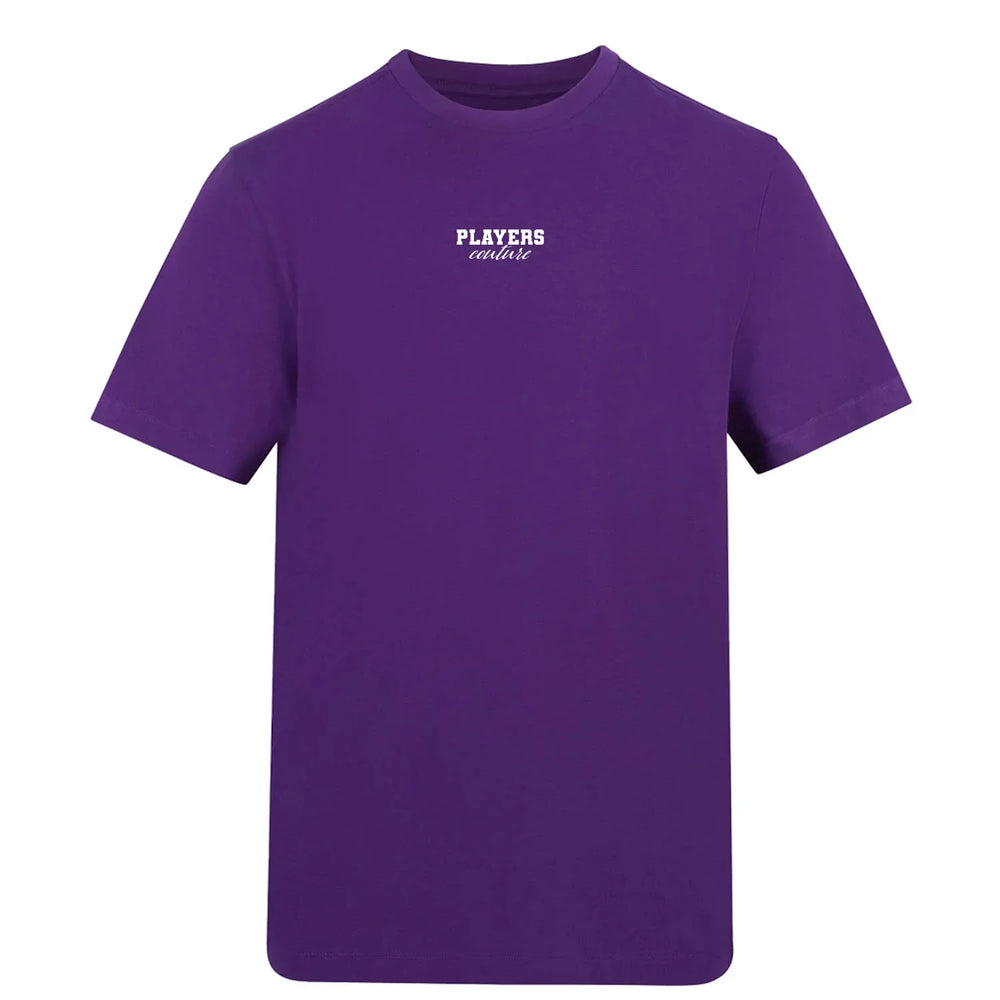 Essentials Collection t-shirt – purple men's t-shirt with white Essentials Collection letters and Players Couture logo on