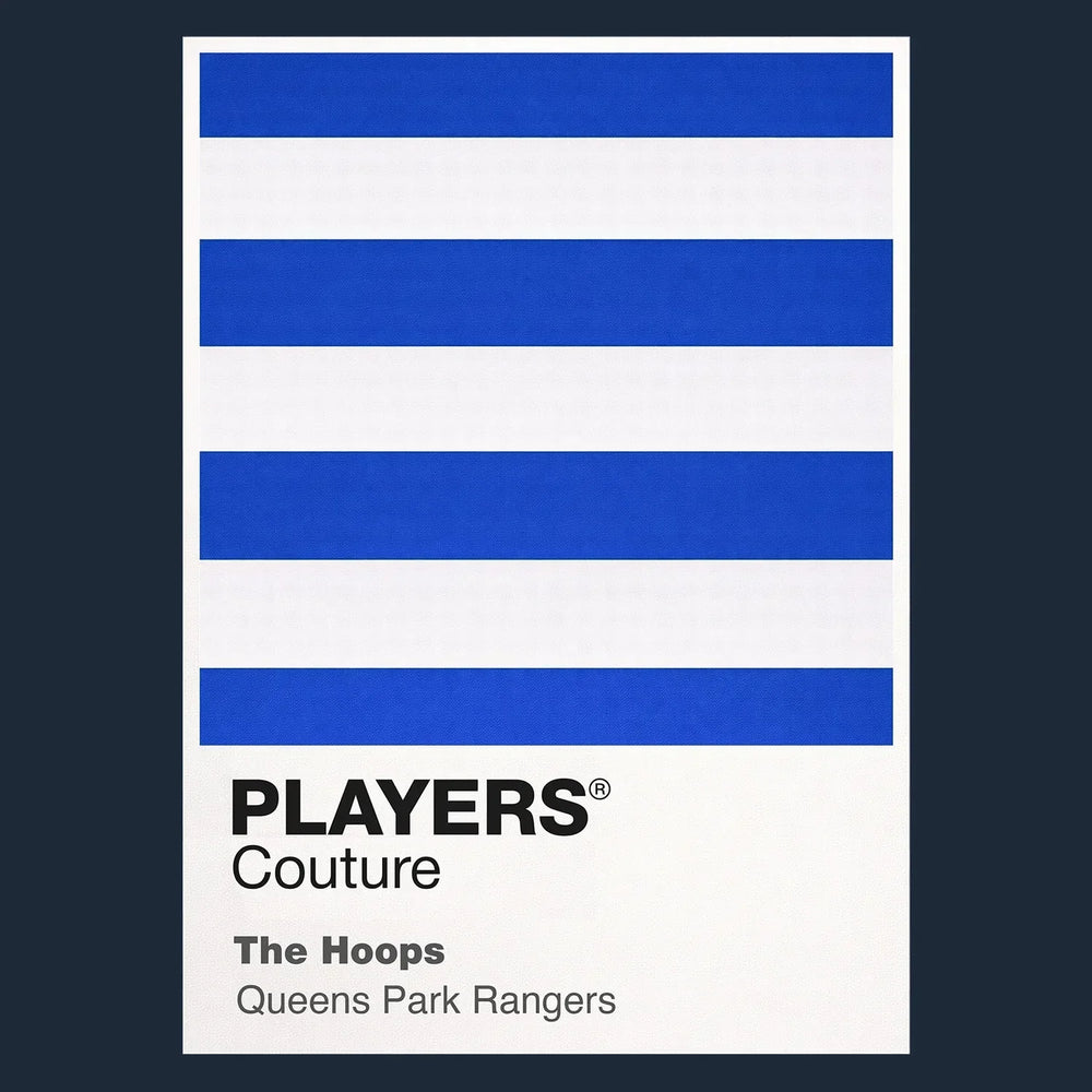 QPR Classic Football Shirt Colours Frame Men's T-Shirt – close-up detail shot of the QPR Players Couture logo design