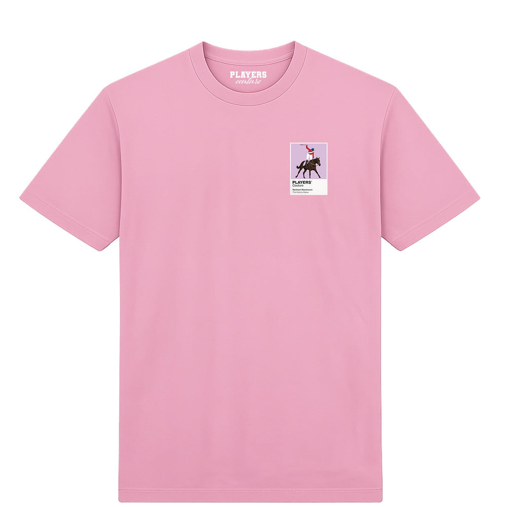 Rachael Blackmore horse racing T-shirt – mens pink tshirt view