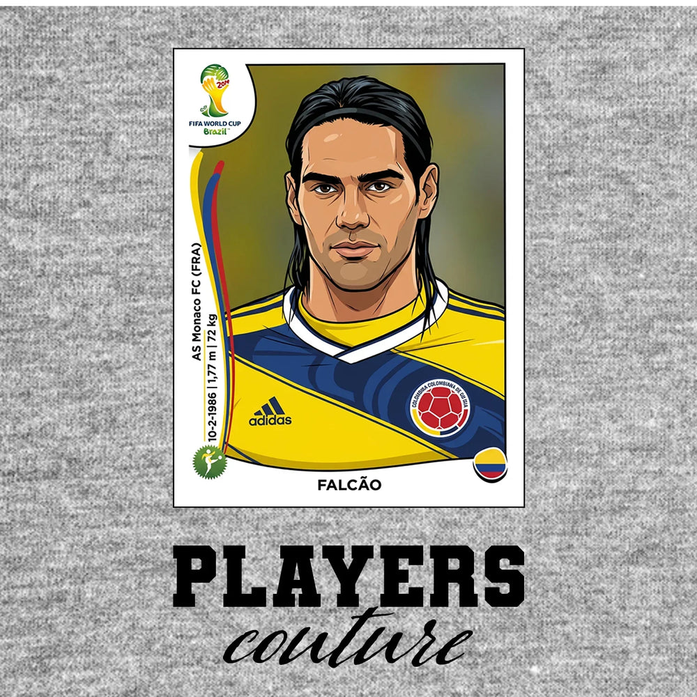 Radamel Falcao World Cup Sticker Men's T-Shirt – grey close-up detail shot of the Radamel Falcao World Cup Players Couture