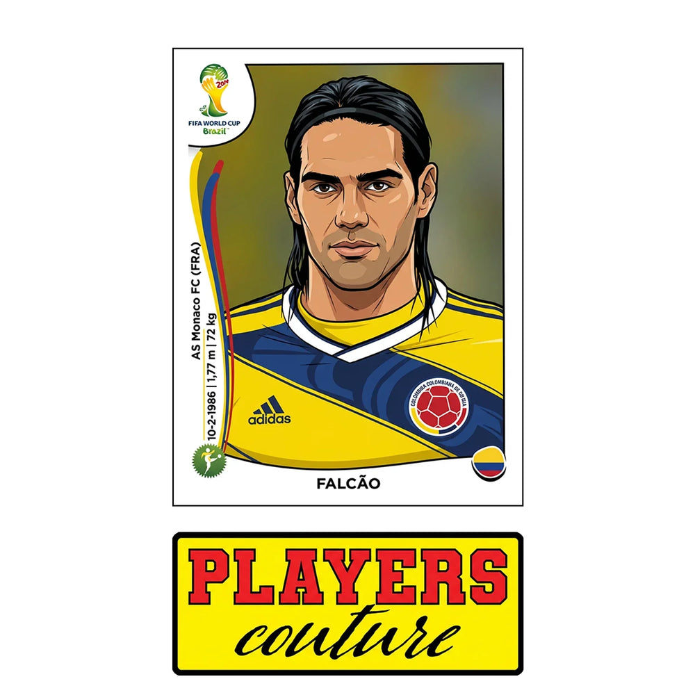 Radamel Falcao World Cup Sticker Men's T-Shirt – close-up detail shot of the Radamel Falcao World Cup Players Couture logo