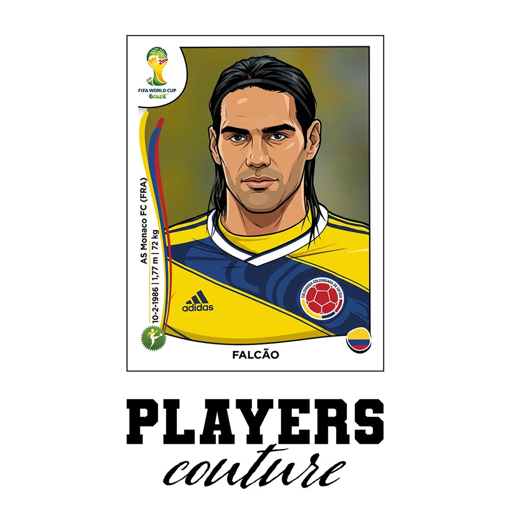 Radamel Falcao World Cup Sticker Men's T-Shirt – white close-up detail shot of the Radamel Falcao Players Couture logo design