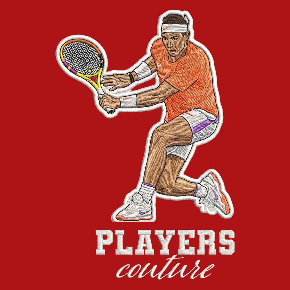 Rafael Nadal Badge Men's Hoodie – white close-up detail shot of the Rafael Nadal Players Couture logo design