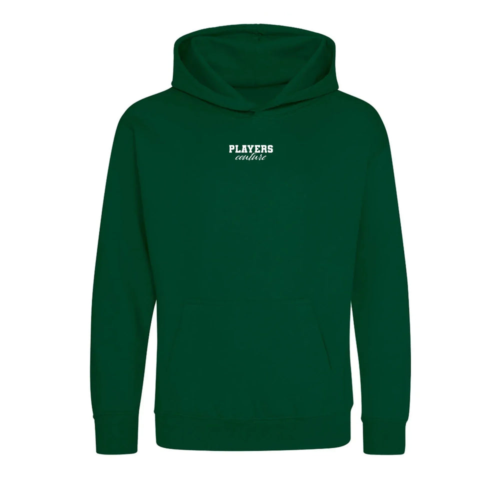 Essentials Collection hoodie – green kids' hoodie with white Essentials Collection letters and Players Couture logo on the
