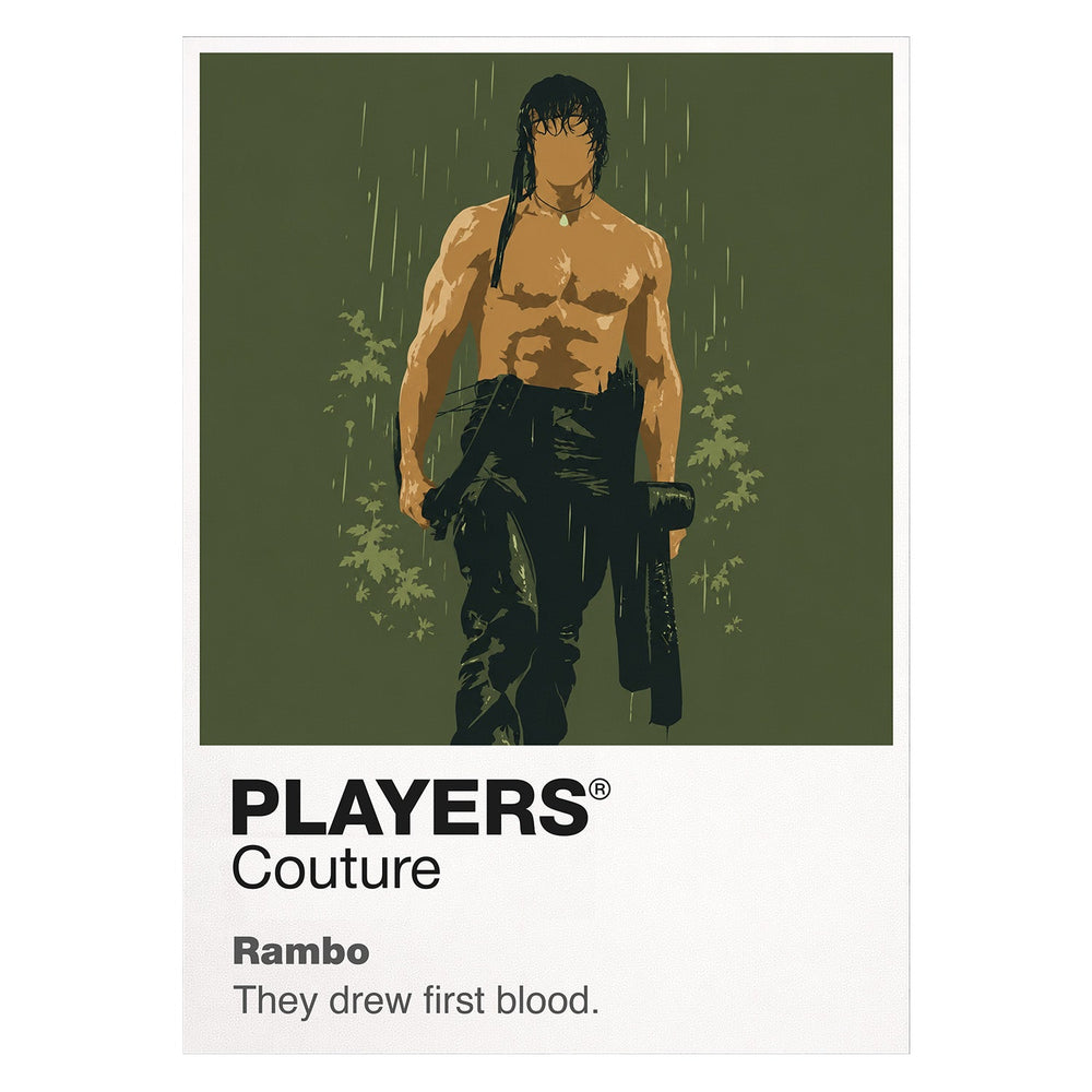 Rambo John Rambo's headband, survival knife and battle-worn former Green Beret silhouette Icon Frame artwork on white