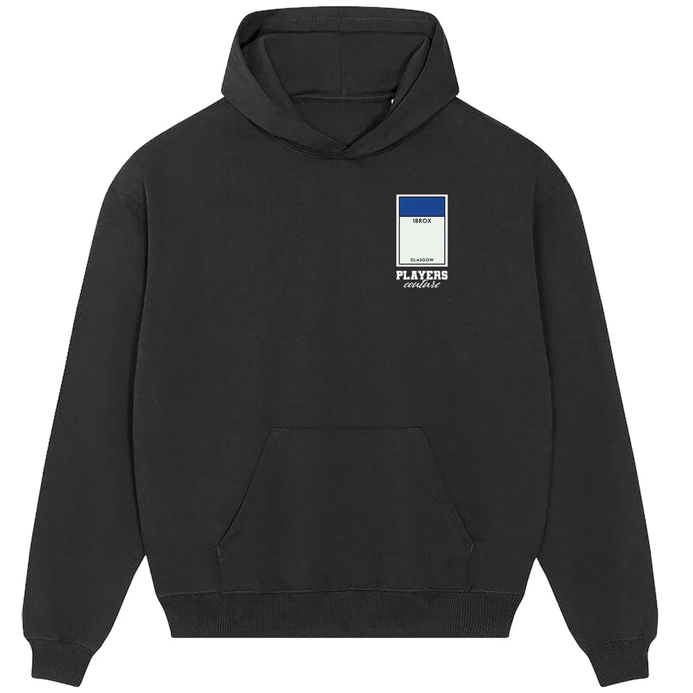 Glasgow Rangers Monopoly Card hoodie – grey men's hoodie with black Glasgow Rangers Monopoly Card letters and Players