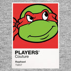 Raphael Colour Frame Men's Hoodie – grey close-up detail shot of the Raphael Colour Players Couture logo design