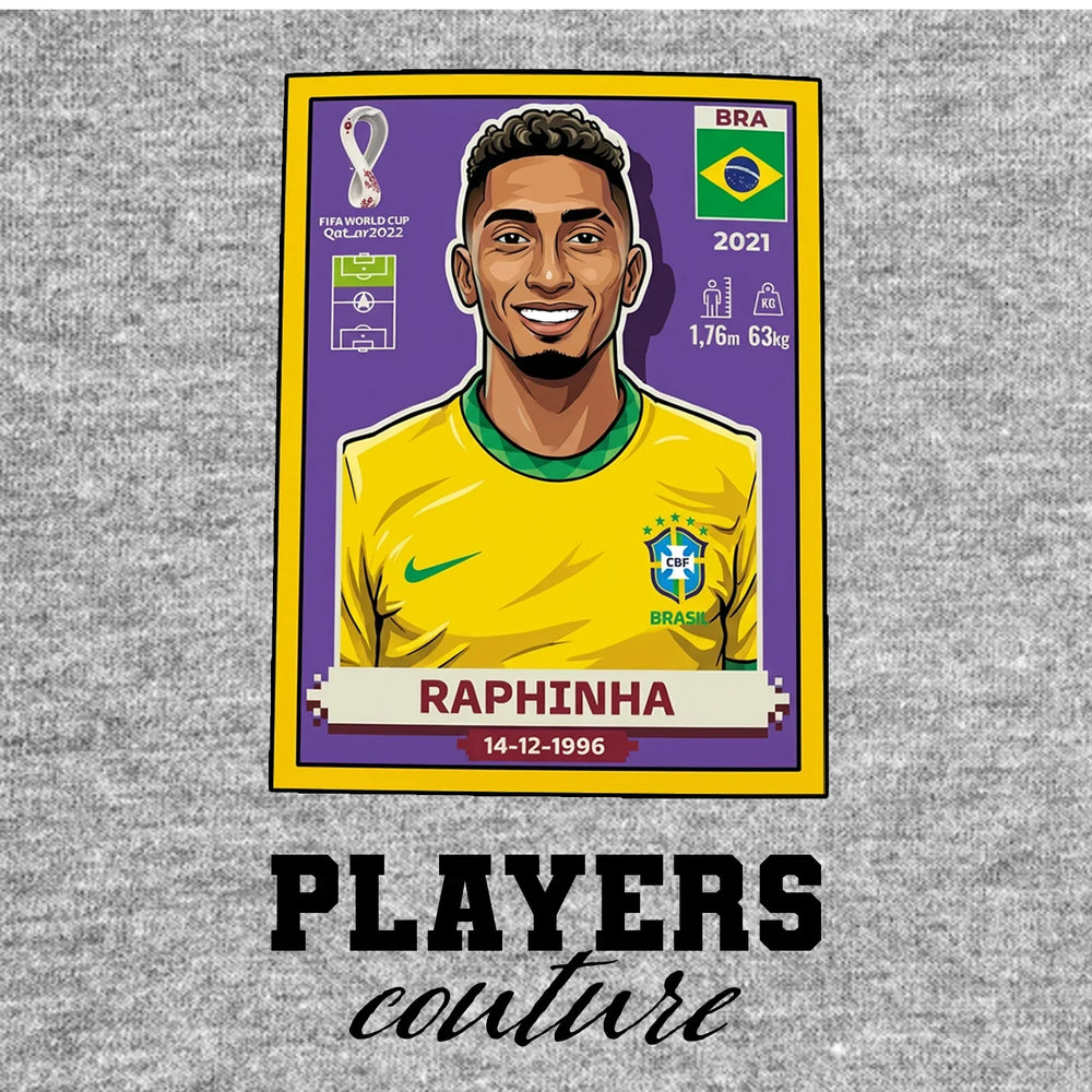 Raphinha World Cup Sticker Men's T-Shirt – grey close-up detail shot of the Raphinha World Cup Players Couture logo design