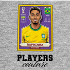 Raphinha World Cup Sticker Men's T-Shirt – grey close-up detail shot of the Raphinha World Cup Players Couture logo design