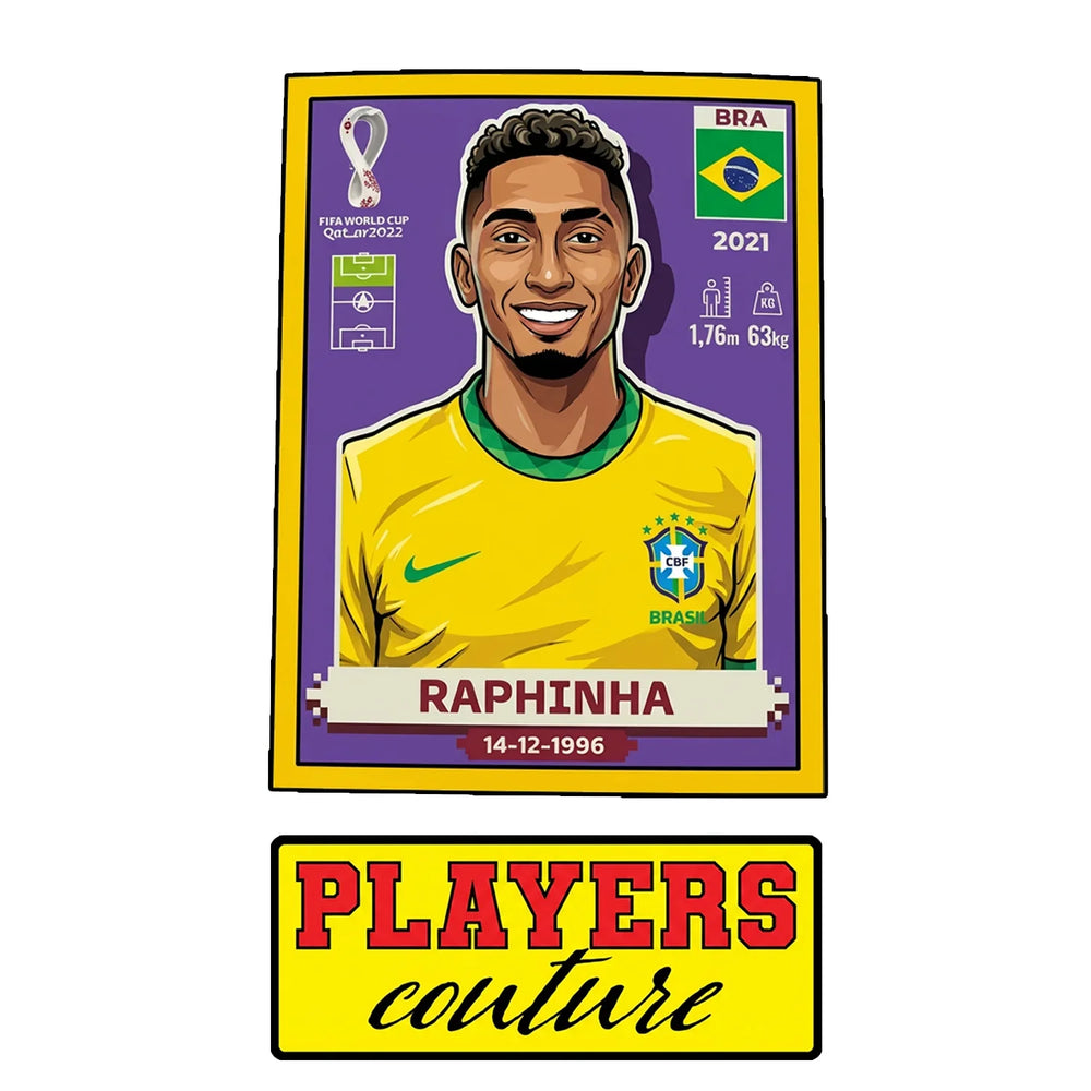 Raphinha World Cup Sticker Men's T-Shirt – close-up detail shot of the Raphinha World Cup Players Couture logo design