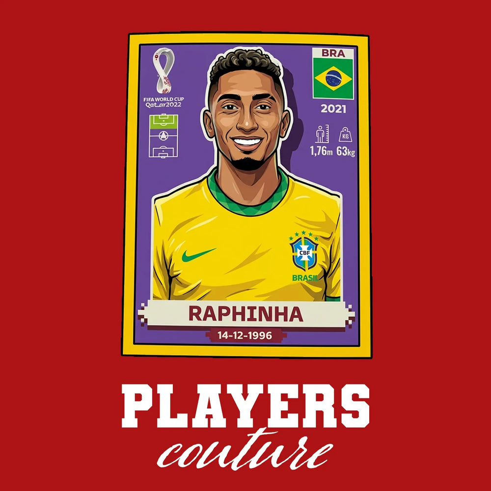 Raphinha World Cup Sticker Men's T-Shirt – red close-up detail shot of the Raphinha World Cup Players Couture logo design