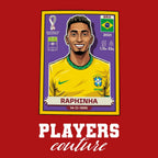 Raphinha World Cup Sticker Men's T-Shirt – red close-up detail shot of the Raphinha World Cup Players Couture logo design