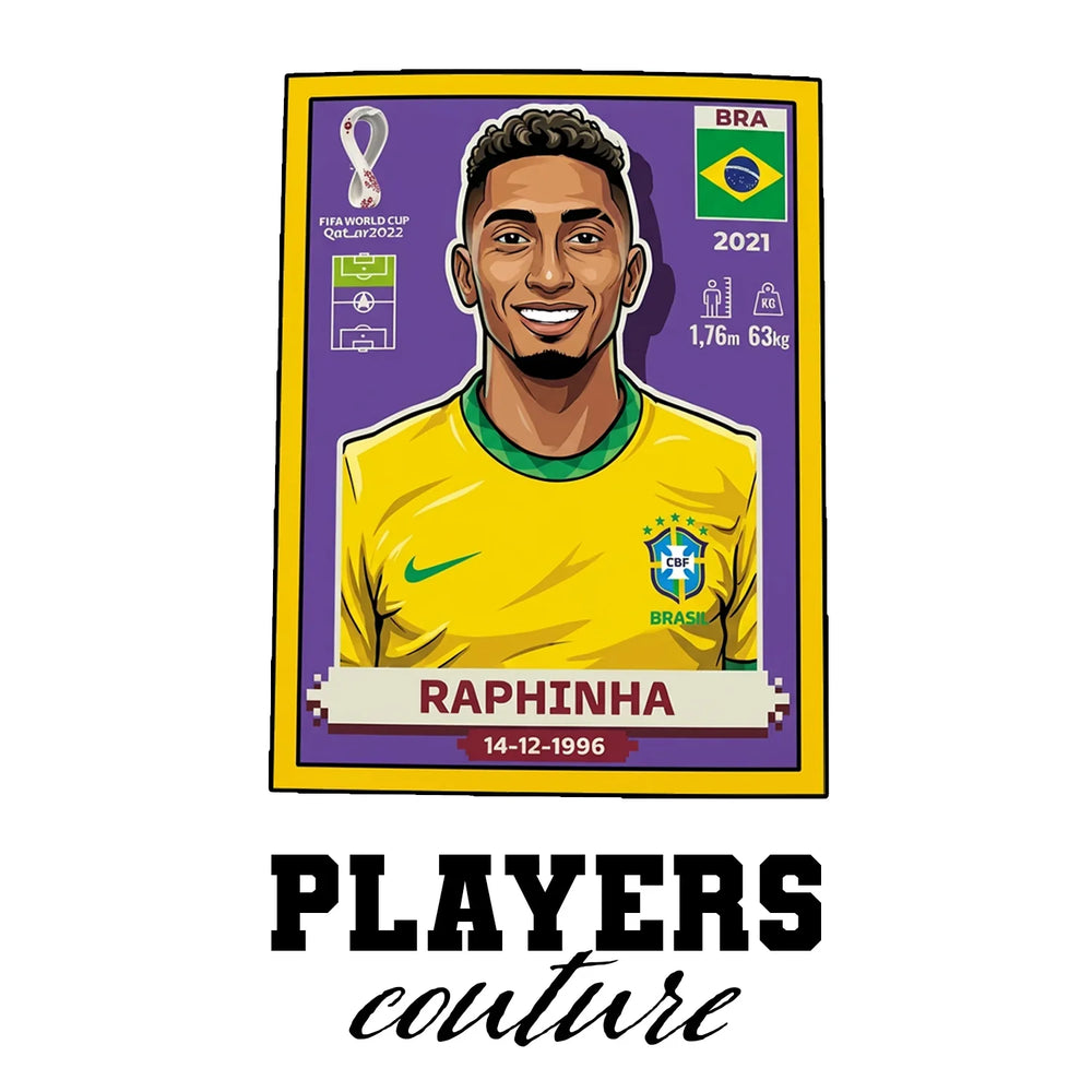 Raphinha World Cup Sticker Men's T-Shirt – white close-up detail shot of the Raphinha Players Couture logo design