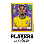 Raphinha World Cup Sticker Men's T-Shirt – white close-up detail shot of the Raphinha Players Couture logo design