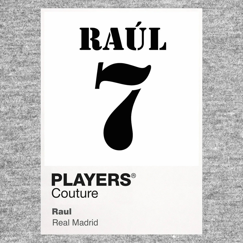 Raul 7 Football Shirt Frame Men's Hoodie – grey close-up detail shot of the Raul Players Couture logo design