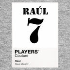 Raul 7 Football Shirt Frame Men's Hoodie – grey close-up detail shot of the Raul Players Couture logo design