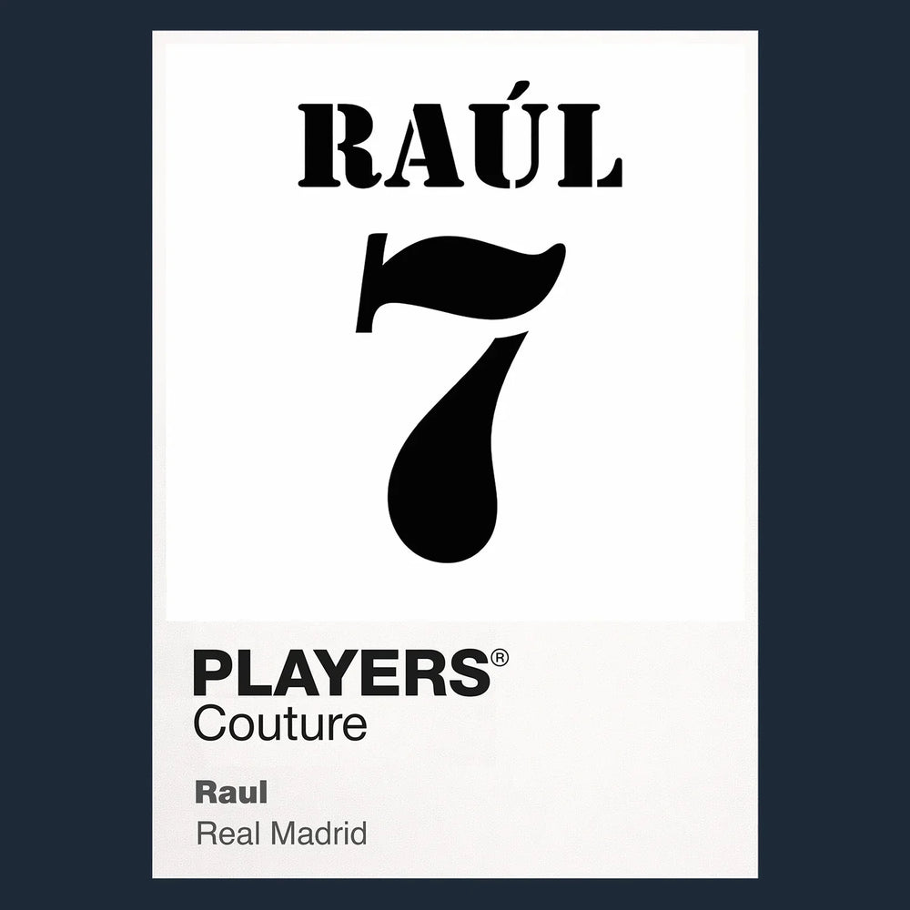 Raul 7 Football Shirt Frame Men's Hoodie – navy close-up detail shot of the Raul 7 Football Players Couture logo design