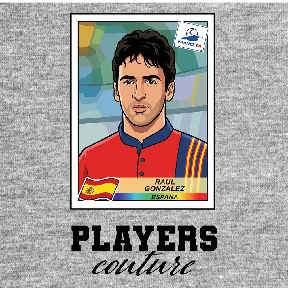 Raul World Cup Sticker Men's T-Shirt – grey close-up detail shot of the Raul World Cup Players Couture logo design