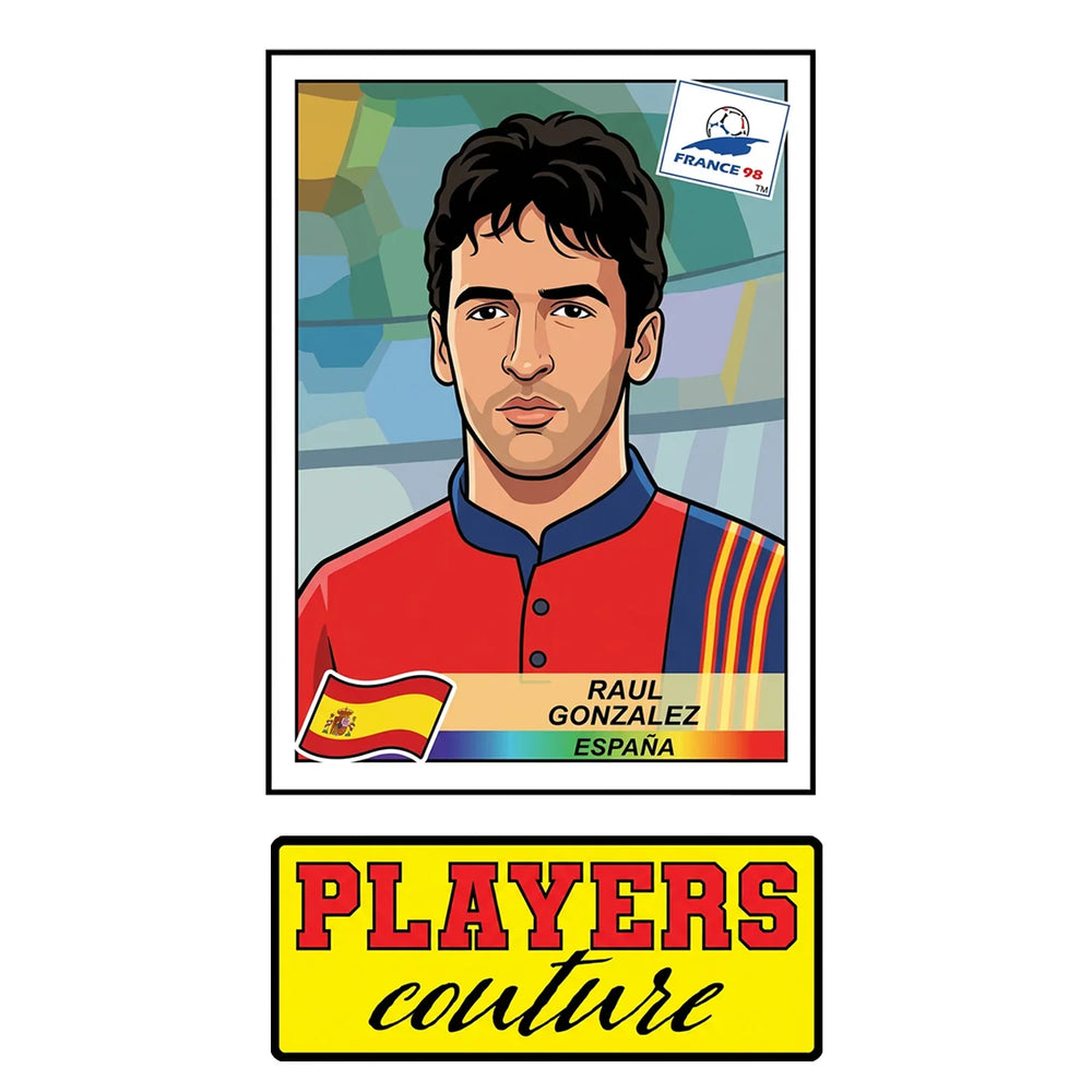 Raul World Cup Sticker Men's T-Shirt – close-up detail shot of the Raul World Cup Players Couture logo design