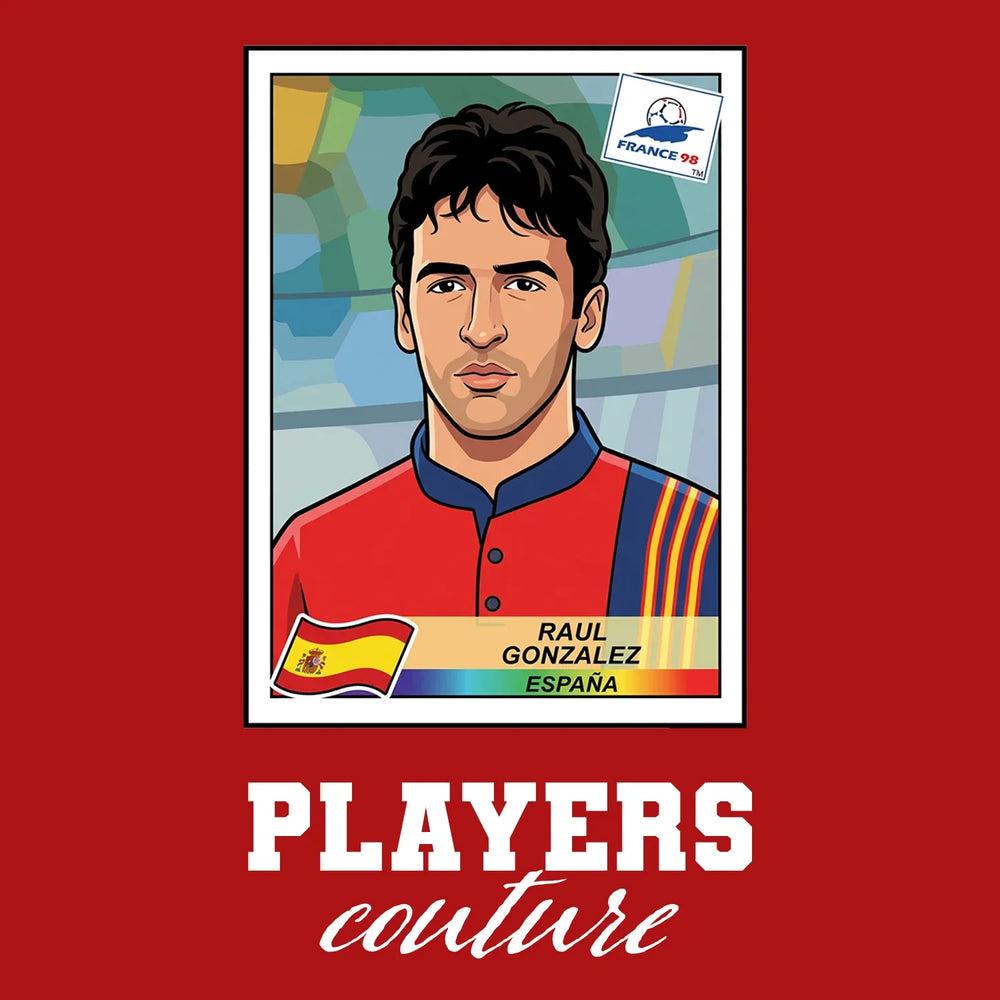 Raul World Cup Sticker Men's T-Shirt – red close-up detail shot of the Raul World Cup Players Couture logo design