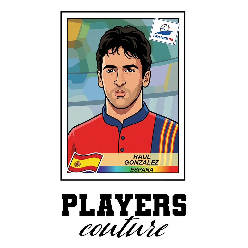 Raul World Cup Sticker Men's T-Shirt – white close-up detail shot of the Raul Players Couture logo design