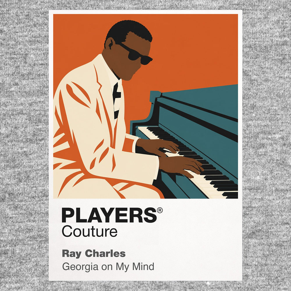 Ray Charles Ray Charles at the piano, defined by dark glasses and expressive movement Icon Frame artwork in grey