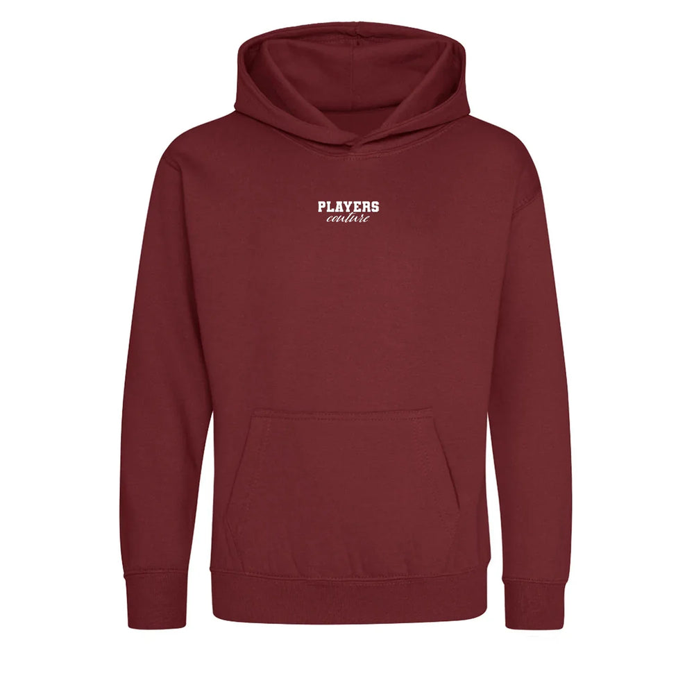Essentials Collection hoodie – red kids' hoodie with white Essentials Collection letters and Players Couture logo on the