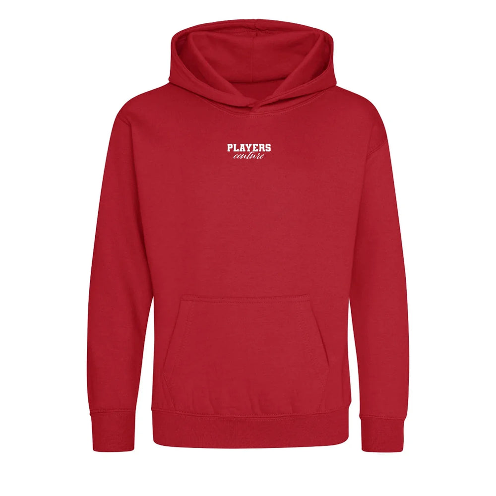 Essentials Collection hoodie – red kids' hoodie with white Essentials Collection letters and Players Couture logo on the