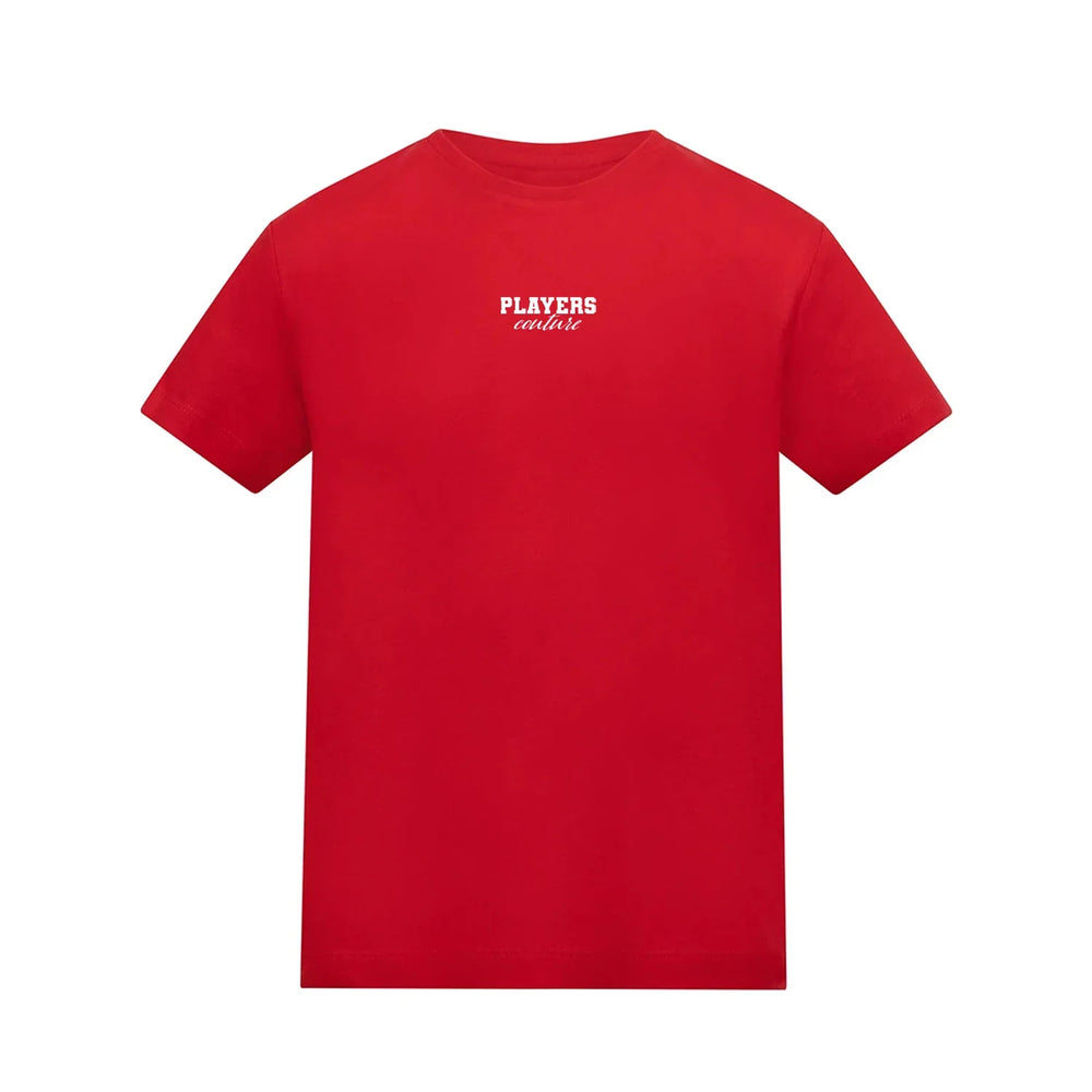 Essentials Collection t-shirt – red kids' t-shirt with white Essentials Collection letters and Players Couture logo on the