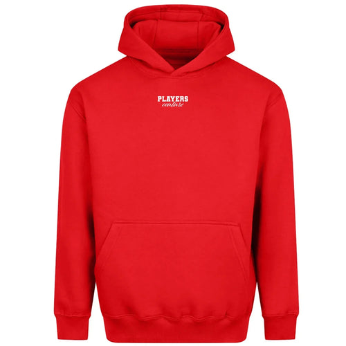 Essentials Collection hoodie – red men's hoodie with white Essentials Collection letters and Players Couture logo on the