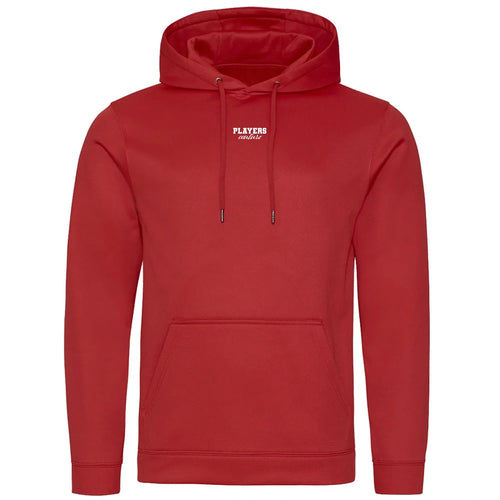 Essentials Collection hoodie – red men's hoodie with white Essentials Collection letters and Players Couture logo on the