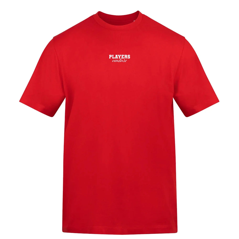 Essentials Collection t-shirt – red men's t-shirt with white Essentials Collection letters and Players Couture logo on the