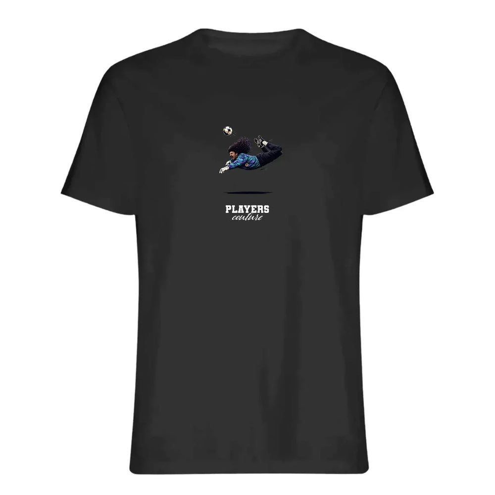 Rene Higuita Scorpion Kick Icon t-shirt – black men's t-shirt with white Rene Higuita Scorpion Kick Icon letters and Players