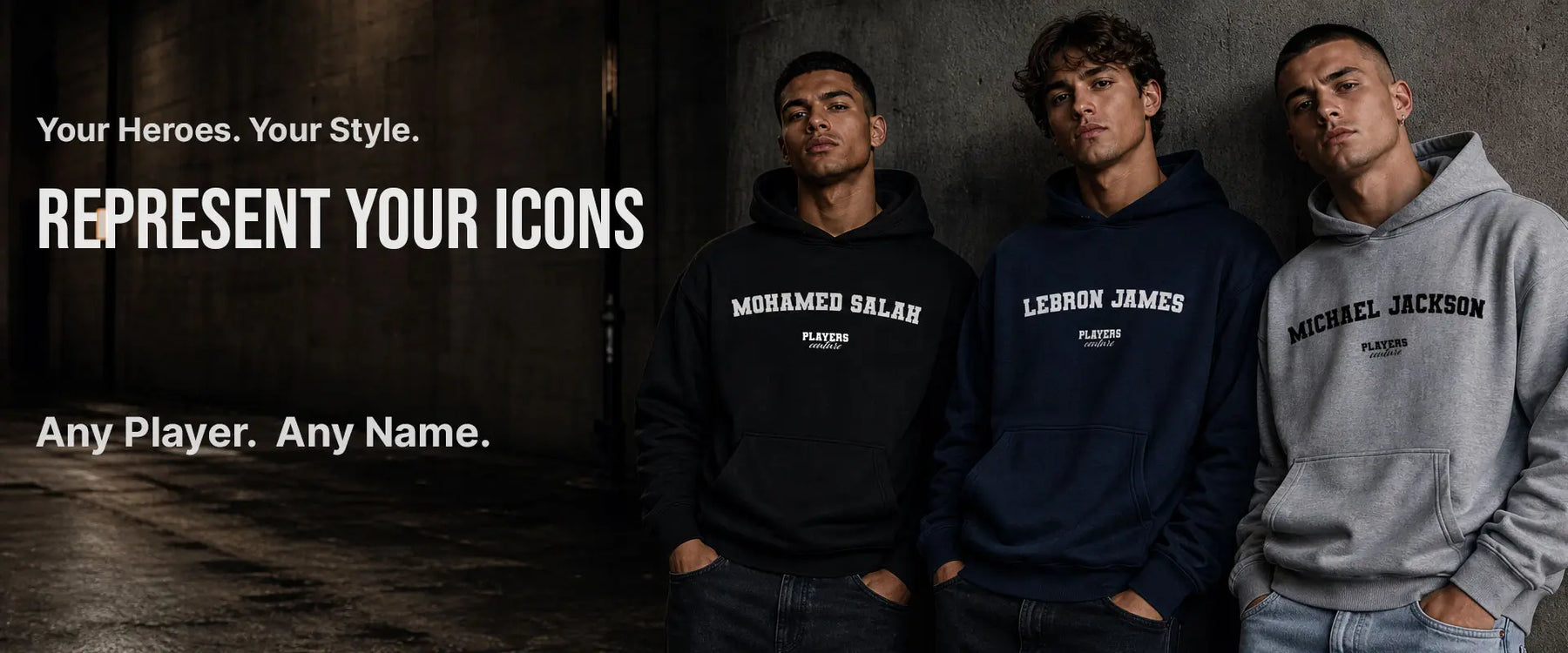 Three individuals wearing branded hoodies with text on a dark background