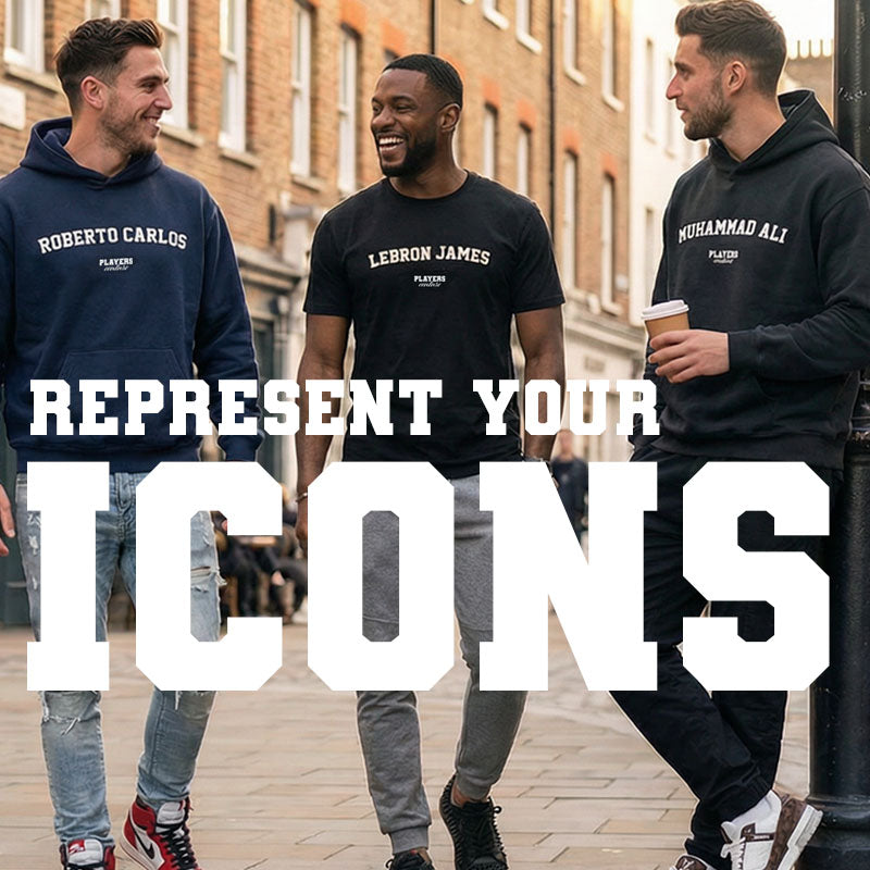 Three men wearing hoodies with famous names, standing on a street with text 'Represent Your Icons'.